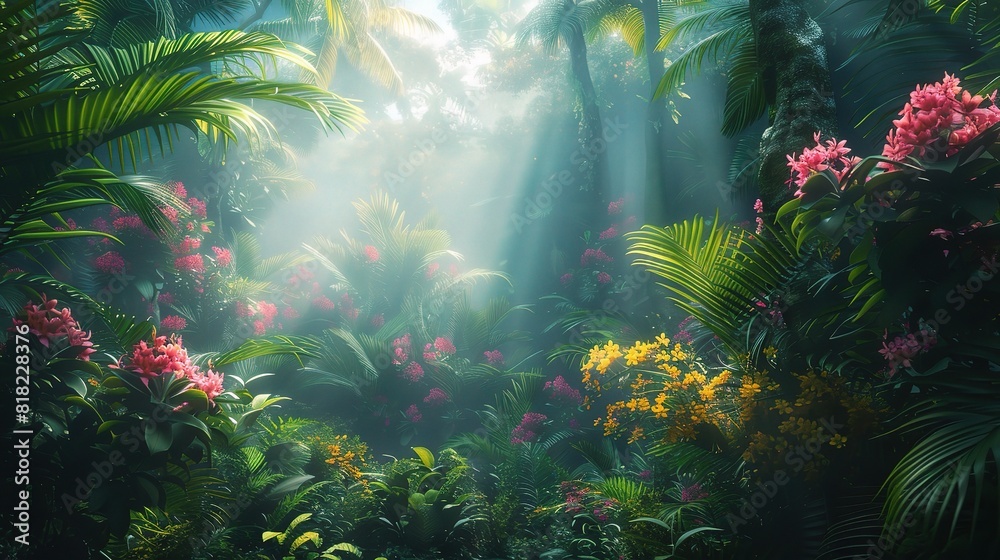 Obraz premium green jungle landscape with a crystal-clear river teeming with colorful tropical fish