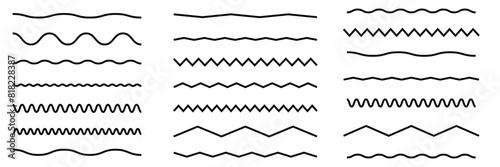 Wave line and wavy zigzag pattern lines. Vector black underlines, smooth end squiggly horizontal curvy squiggles on white background. photo