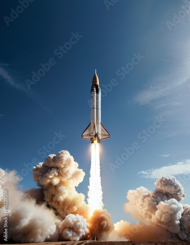 A powerful scene of a white rocket launching into a clear blue sky, with billowing smoke and flames at the base.