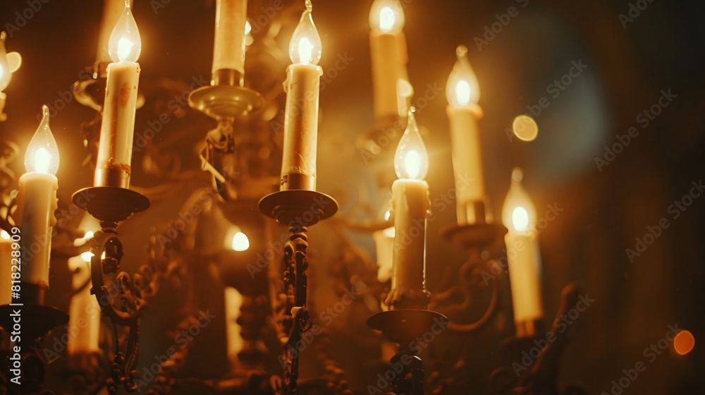 Old chandelier with wax candles hanged on the ceiling in an old house, made in fantasy style Old chandelier with wax candles hanged on the ceiling in an old house, made in fantasy style