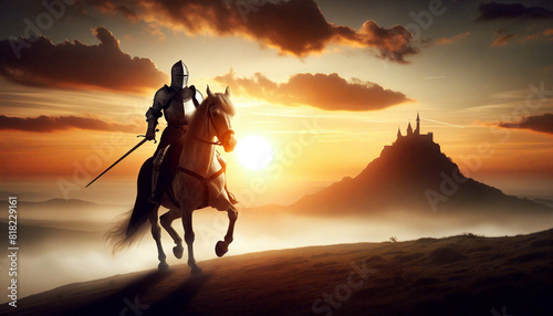 "Epic Dusk Charge" – A Knight's Valiant Approach at Twilight.