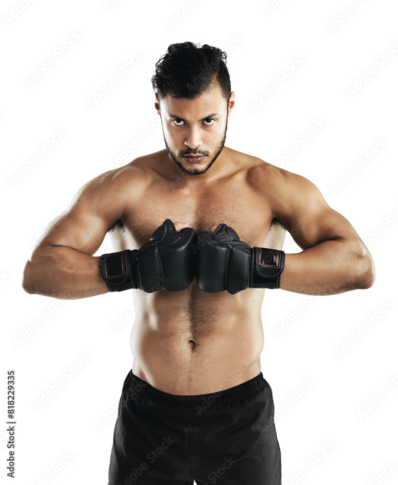 Man, studio and gloves for portrait, fitness and prepare for workout or fight training. Athlete, body or muscle for power, exercise or sport for boxing health or wellness isolated on white background