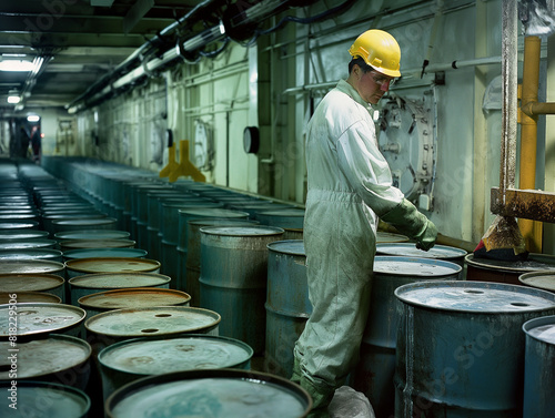 man is working on the process of nuclear waste management and disposal within a nuclear power plant