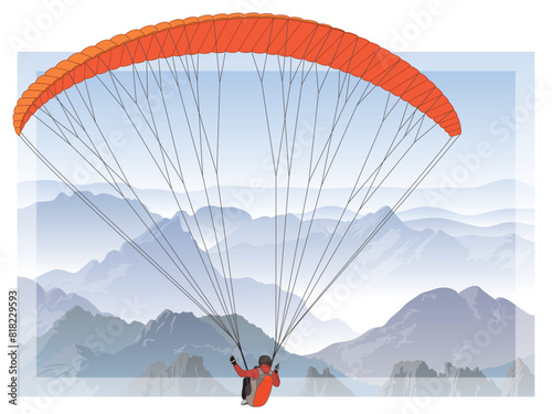 paragliding sport, glider flying with a red fabric wing in the sky with mountains below in the background
