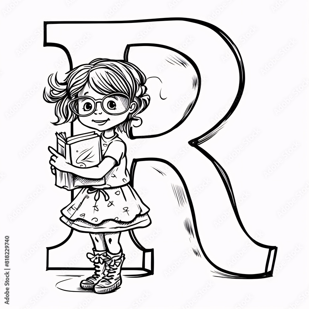 Vector illustration of a cute cartoon girl holding a book. Letter R Vector illustration of a cute cartoon girl holding a book. Letter R