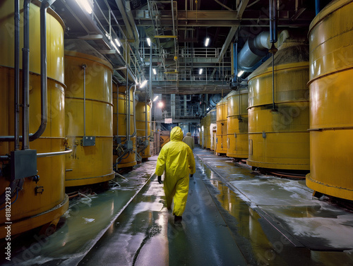 man is working on the process of nuclear waste management and disposal within a nuclear power plant