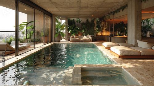 Illustration of a luxury villa with a large swimming pool. Unusual background around the villa. Luxury villa.