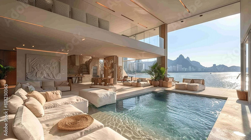 Illustration of a luxury villa with a large swimming pool. Unusual background around the villa. Luxury villa.