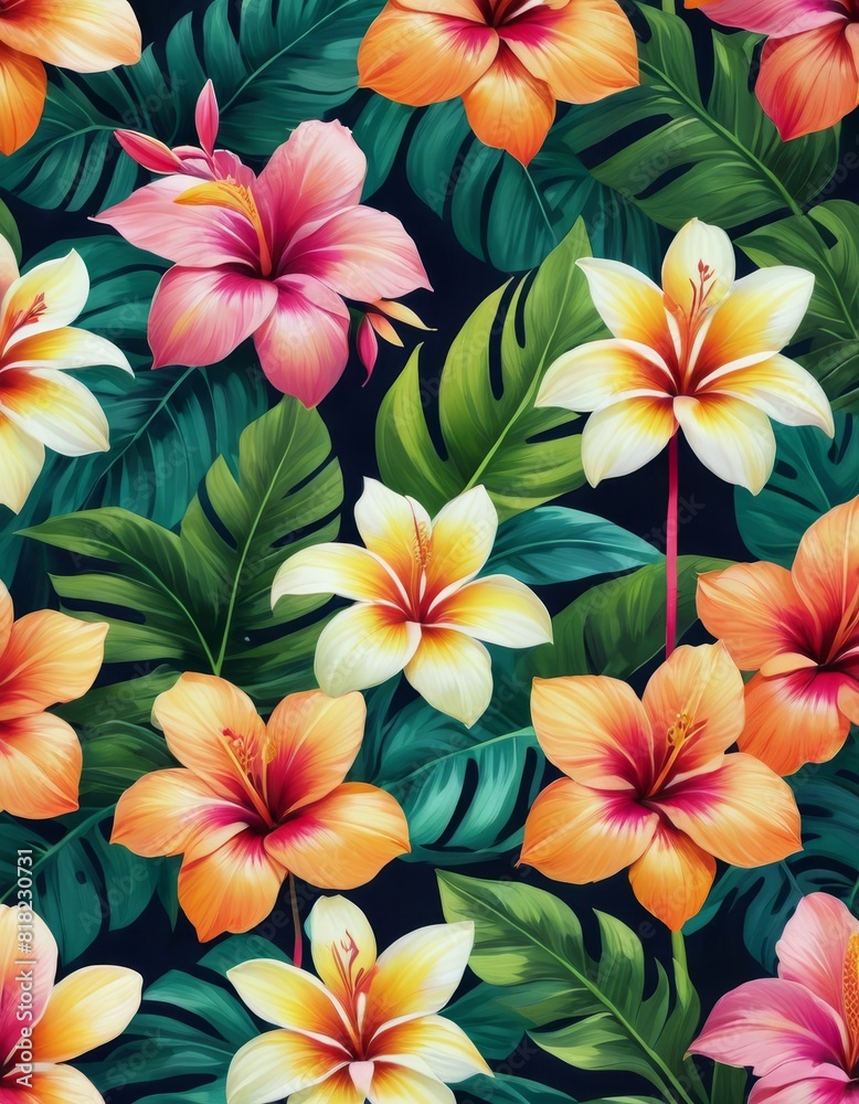 Illustration of bright hibiscus flowers among lush green leaves, exuding a tropical vibe.