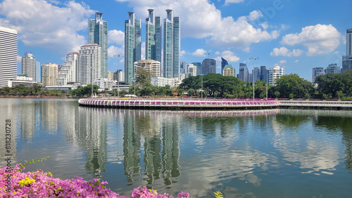 bangkok skyline with skyscpers from lumpini oark photo