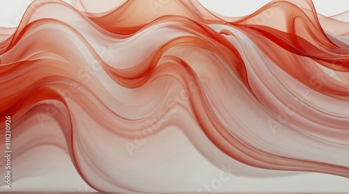 Intricately flowing peach full red white waves on light white background. Smooth curvy shape fluid background. Transparent smooth wave. Colored smoke whiffs and swirls
