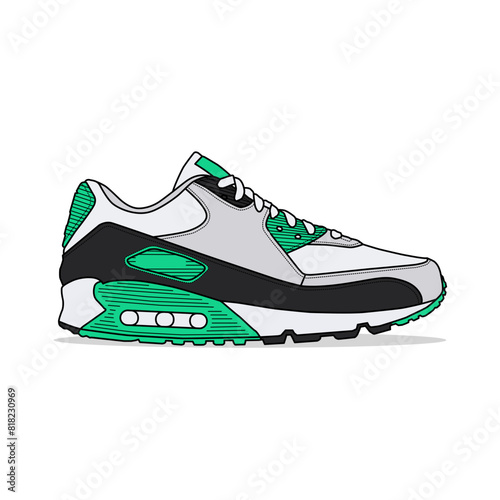 Green, gray, and white sneakers, outlined and isolated on a white background. Suitable for commercial purposes.	
