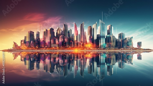Futuristic skyline of modern metropolis with contemporary color effects showcasing innovative architecture and real estate development concepts