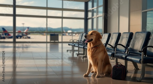 Service animal vacation concept. Golden retriever dog waiting in airport terminal ready to board the airplane.