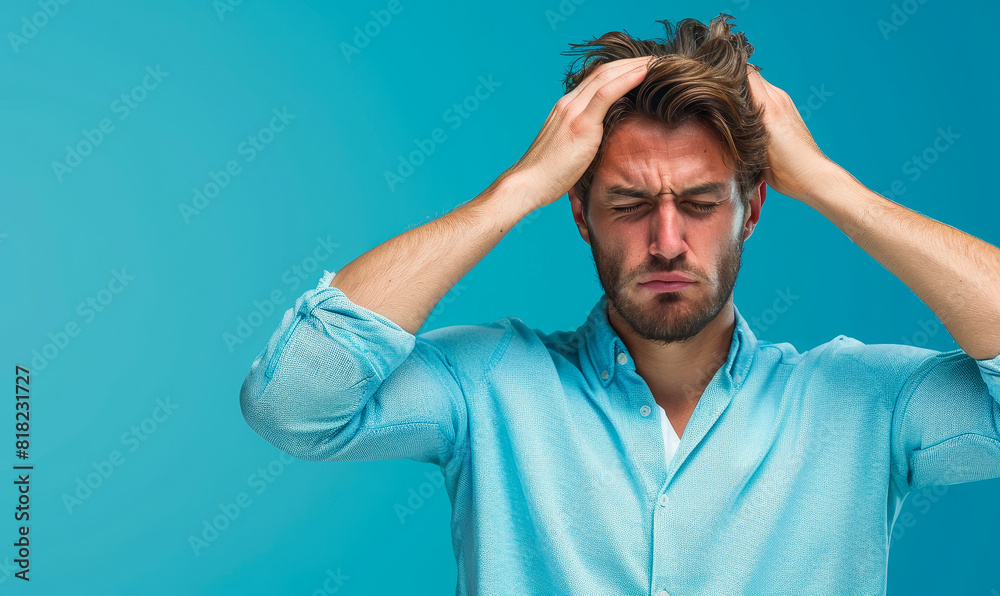 Stressed Young Man with Migraine on Isolated Background Holding Head in Despair, Symptoms of Headache and Pain Relief Concept Stressed Young Man with Migraine on Isolated Background Holding Head in Despair, Symptoms of Headache and Pain Relief Concept