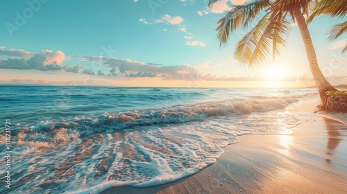 A tropical beach with palm trees and clear blue water  sun shining on the sand  summer vacation 