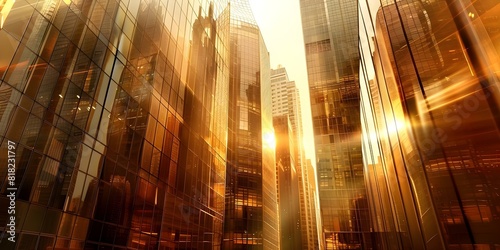 Reflective Skyscrapers in a Sunny Cityscape: A Low Angle View. Concept Architecture, Urban Landscape, Skyscrapers, Cityscape, Reflections