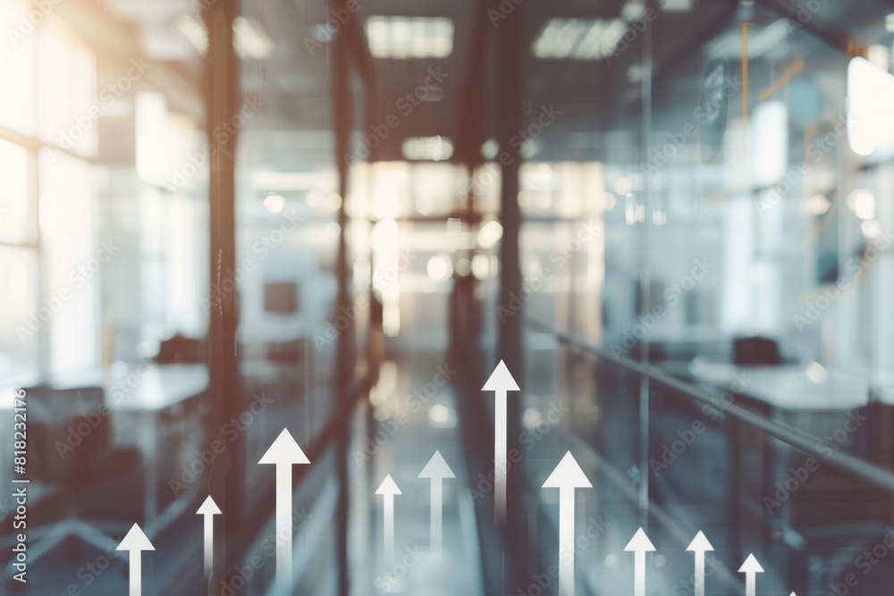 Obraz premium A blurred background of an office with arrows pointing upwards, representing growth and progress in business Generative AI