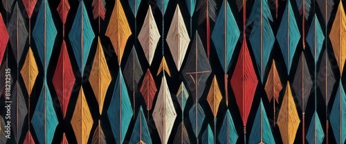 Vividly colored abstract geometric design resembling leaves in alternating red, blue, yellow, and white. photo
