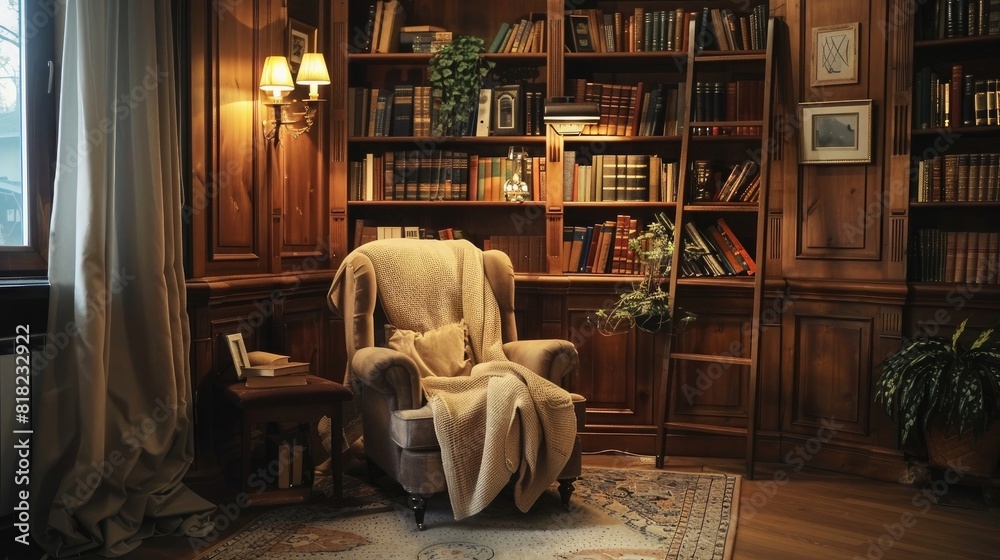 A warm reading nook with an armchair, bookshelves and wall sconce lighting in the corner of the room, creating a comfortable home decor. A warm cozy reading space concept. A place for reading