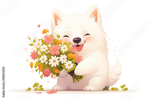 Samoyed, cute cartoon character with bouquet, single object, Di-Cut png style, isolated on white background photo