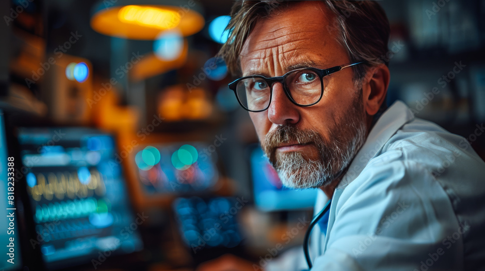 Concentrated radiologist analyzing X-rays, showcasing the importance of medical imaging. Concentrated radiologist analyzing X-rays, showcasing the importance of medical imaging.