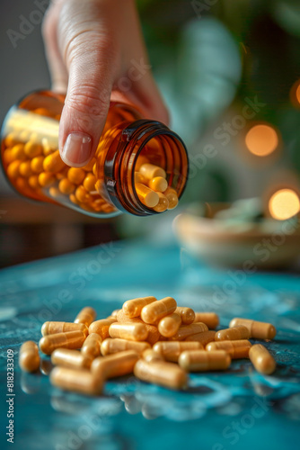 Hand Pouring Yellow Capsules from Amber Bottle onto Blue Surface