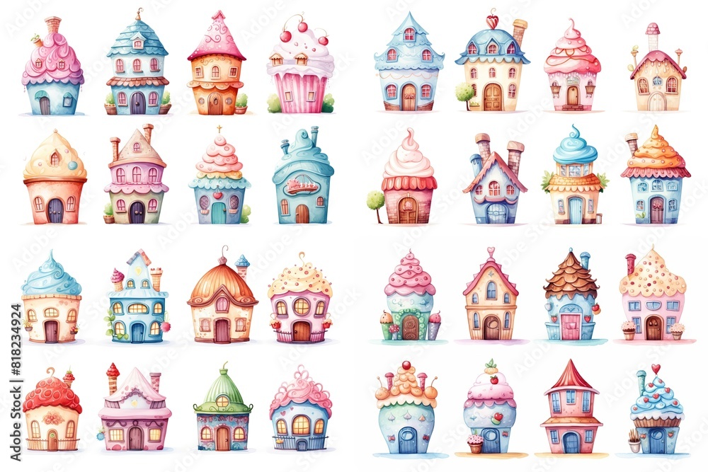 illustration watercolor cupcake and ice-cream house clipart collection set isolated on white background