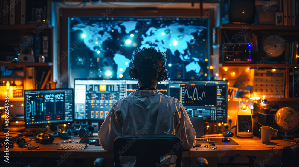 Professional analyzing data in a high-tech workspace. Professional analyzing data in a high-tech workspace.
