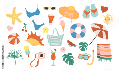 Cute Summer Elements Set: Swimsuit, Umbrella, Towel, Drink, Ice Cream. Bright Summertime Poster. Hand Dawn Vector Illustration.