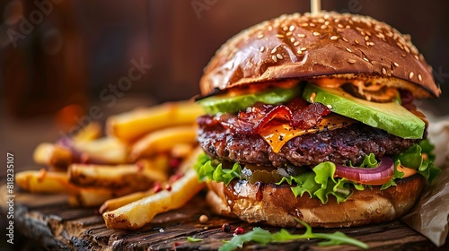 The image showcases a classic American burger, tantalizingly topped with crisp bacon, creamy avocado slices. photo