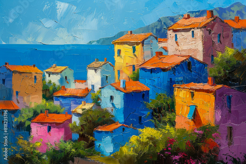 Colorful Mediterranean Village Landscape Painting with Vibrant Houses and Sea View