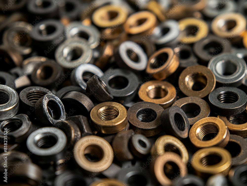 A close-up shot of assorted metallic nuts and washers laid out in a circular pattern on a textured surface A close-up shot of assorted metallic nuts and washers laid out in a circular pattern on a textured surface