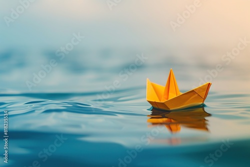 Paper boat sailing on blue boundless water. Small yellow origami boat In big ocean with blue sky and sunshine. Leadership concept with paper ship. Business for innovative solution. Opportunity, vision