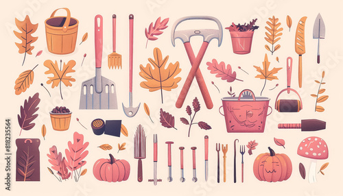 A collection of gardening tools and items  including a pumpkin  a fork