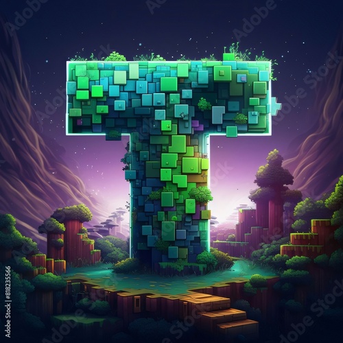 Futuristic letter T with green cubes in the forest at night photo