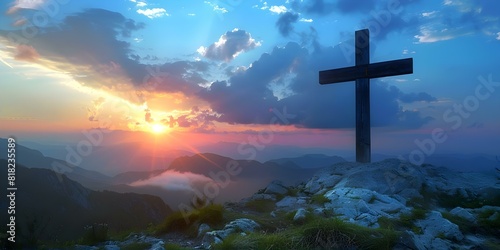 A captivating image of a mountain cross at sunset evoking spiritual sentiments. Concept Sunset, Mountain Cross, Spiritual, Captivating Image, Sentiments