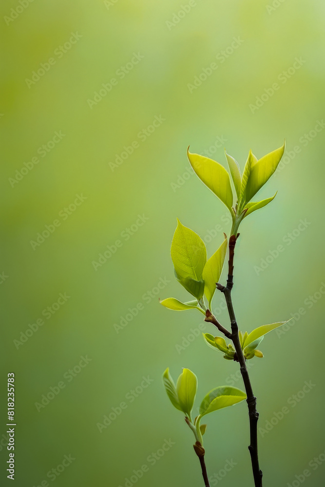 Green Leaves on a Twig with Soft Focus Green Background in Natural Light