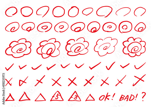テストの採点素材　手描き　赤ペン