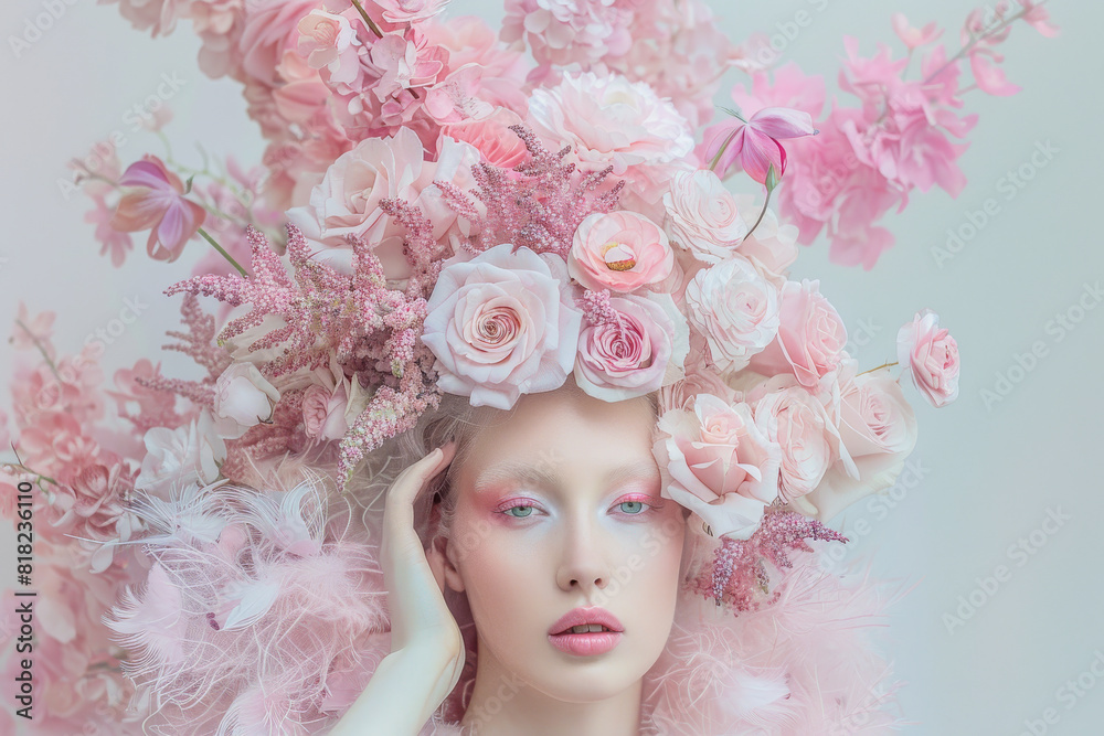 Ethereal Woman with Floral Headpiece and Pink Makeup in Dreamlike Setting Ethereal Woman with Floral Headpiece and Pink Makeup in Dreamlike Setting