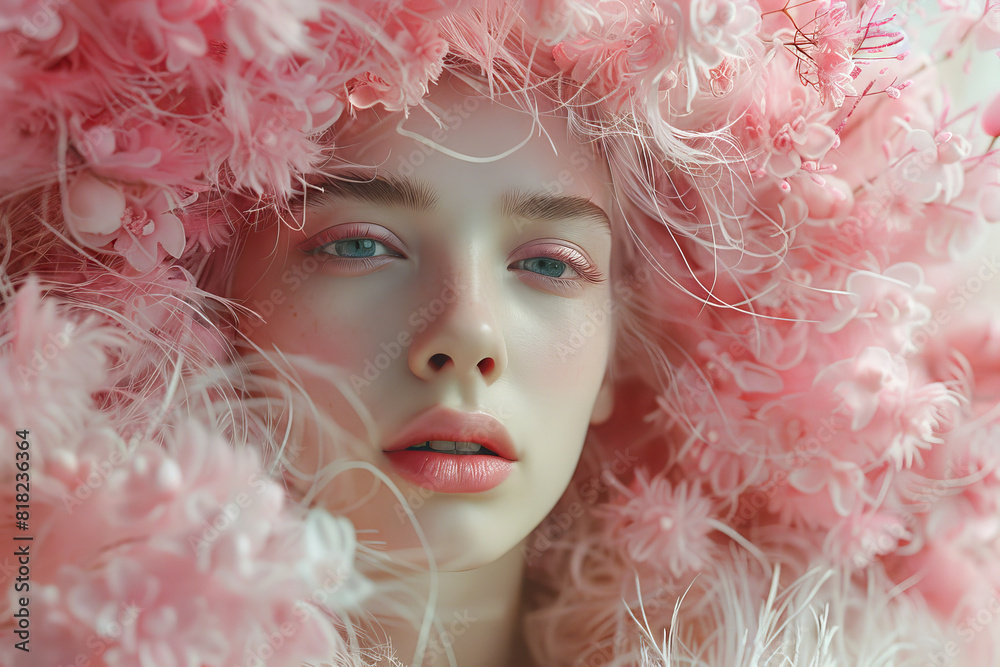 Enchanting Woman in Pink Floral Headpiece   Delicate Beauty and Soft Pastel Aesthetic