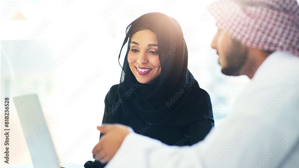 Muslim, people and coworking teamwork in office and mentor help with project on laptop in Qatar. Arab, woman and man in business training or learning software for collaboration or professional advice Muslim, people and coworking teamwork in office and mentor help with project on laptop in Qatar. Arab, woman and man in business training or learning software for collaboration or professional advice
