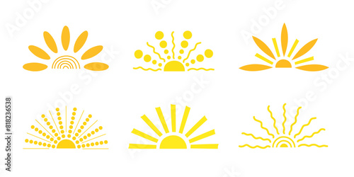 Simple yellow half sun hand drawn vector flat illustration with half-circle shape in middle, cute summer sunset, dawn image for logo, cards, decor, vacation concept, holiday, summertime kids design