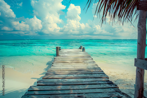 Serene Tropical Beach with Wooden Pier and Clear Blue Water under Partly Cloudy Sky photo