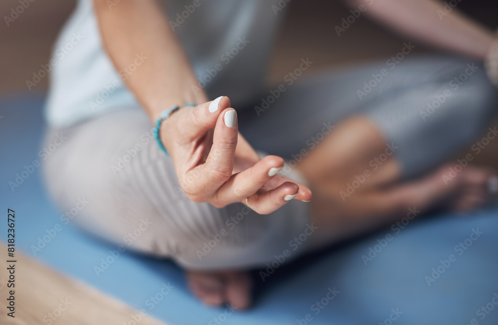 Meditation, yoga and hand of woman for zen mind, mindfulness and spiritual wellness with chakra balance. Pilates girl, peace and fingers with gyan mudra for holistic healing, lotus pose and calm aura