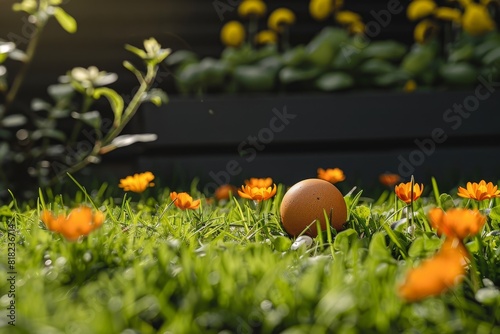 Egg in Grass Near Flowers. Generative AI photo