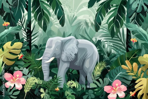 lush amazon jungle with elephant tropical nature mural for kids room digital illustration
