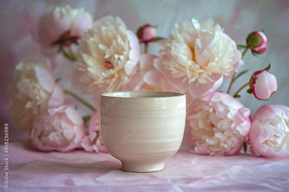 Elegant Ceramic Teacup Surrounded by Delicate Pink Peonies Elegant Ceramic Teacup Surrounded by Delicate Pink Peonies