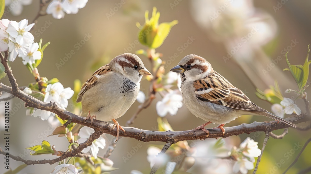 Naklejka premium Two birds are perched on a branch of a tree with white flowers