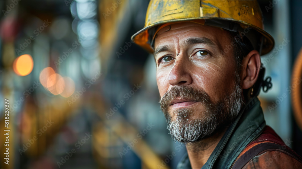 Smiling construction worker in a hard hat and high-visibility jacket on an industrial site. Smiling construction worker in a hard hat and high-visibility jacket on an industrial site.